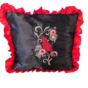 VTG Cardinal Decorative Pillow Satin Black Red Embroidered Lace Trim Floral‎ 20"